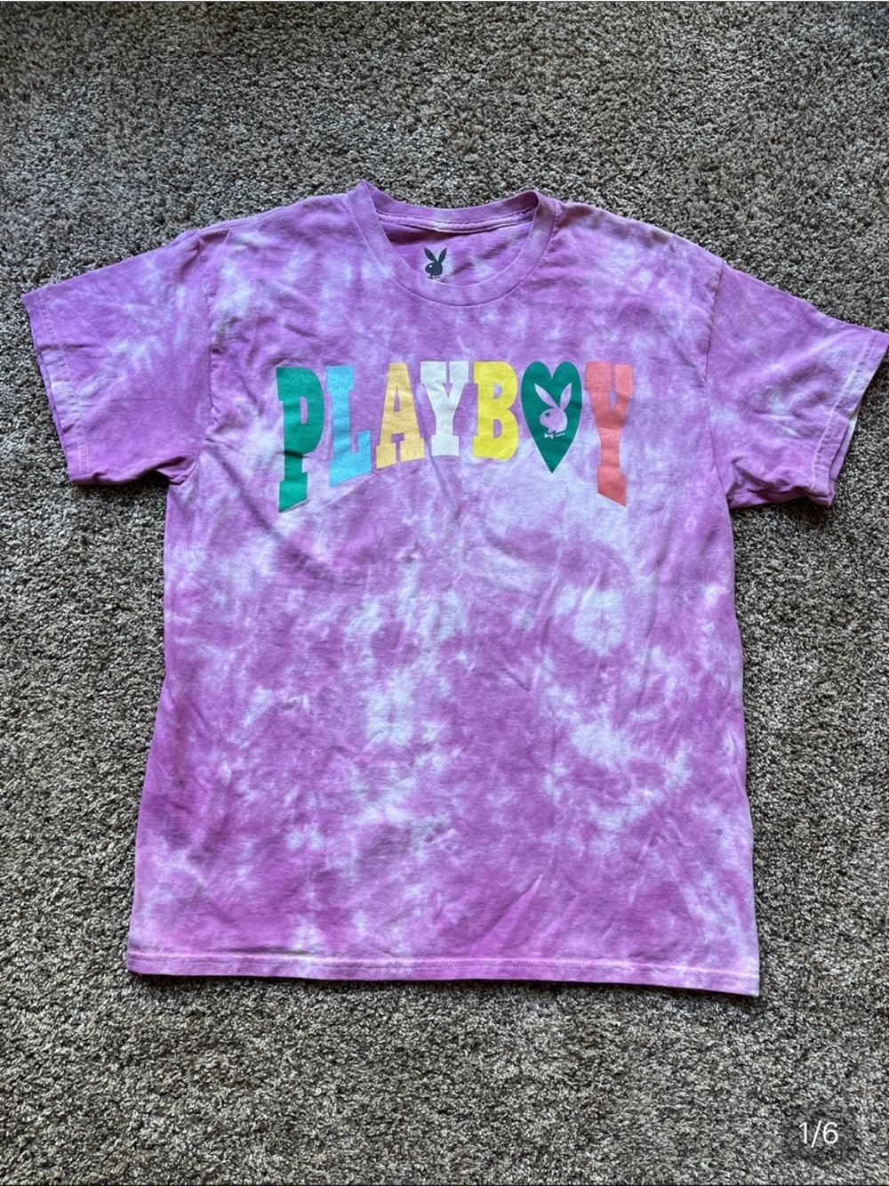 PLAYBOY Women's Tie-Dye Graphic Tee with Multicolor Logo. Size Large